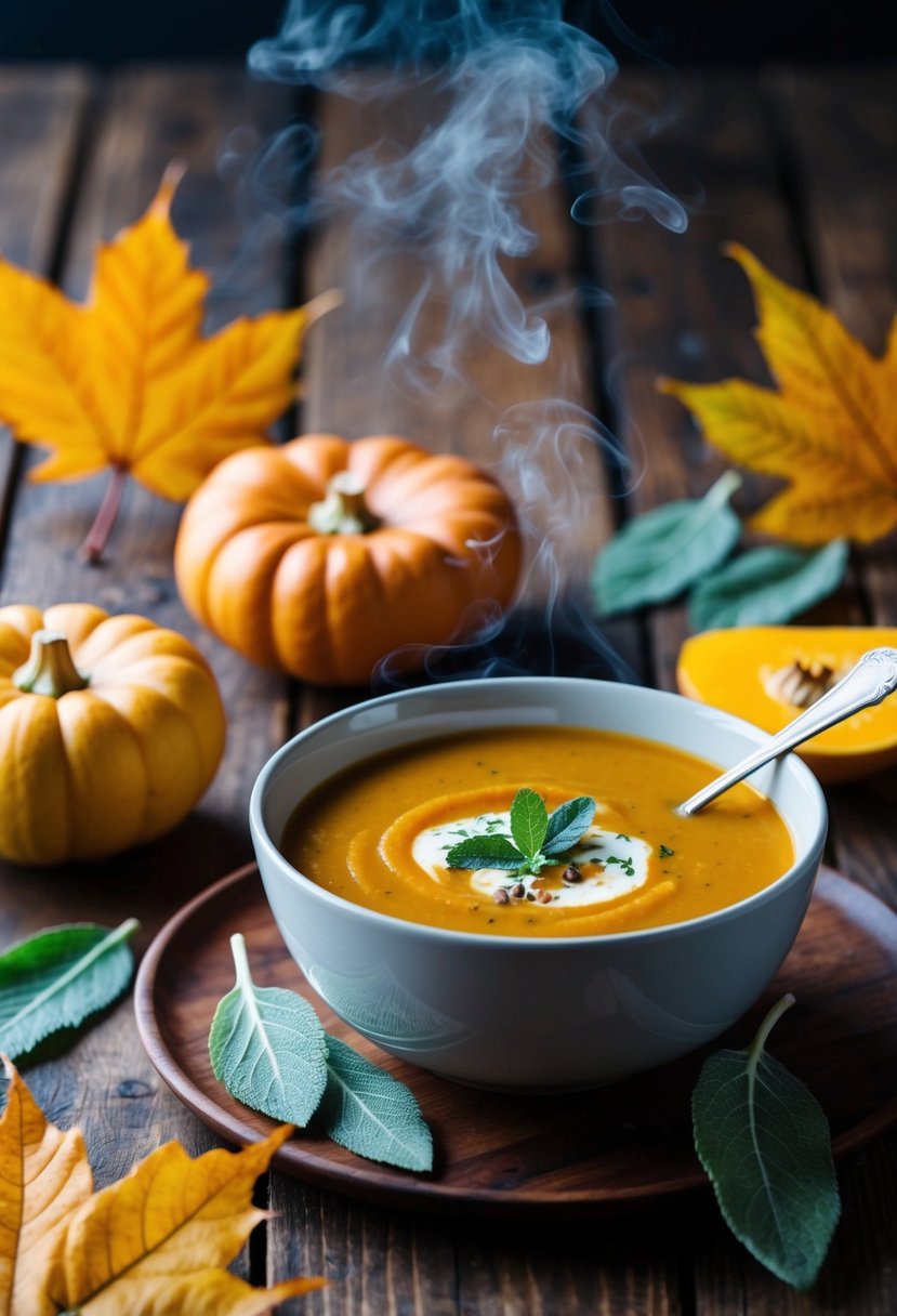 A steaming bowl of butternut squash sage soup surrounded by autumn leaves and a rustic wooden table