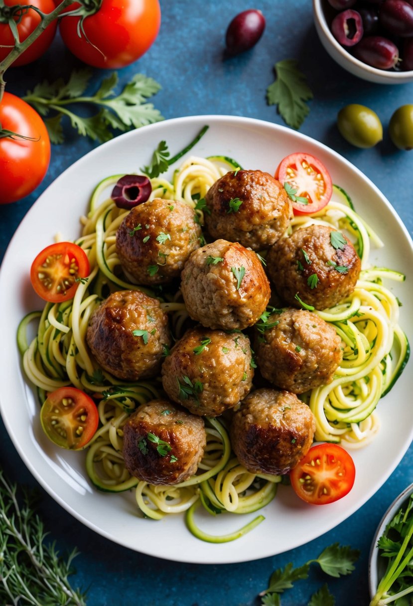 A plate of Italian meatballs with zoodles, surrounded by colorful Mediterranean ingredients like tomatoes, olives, and fresh herbs