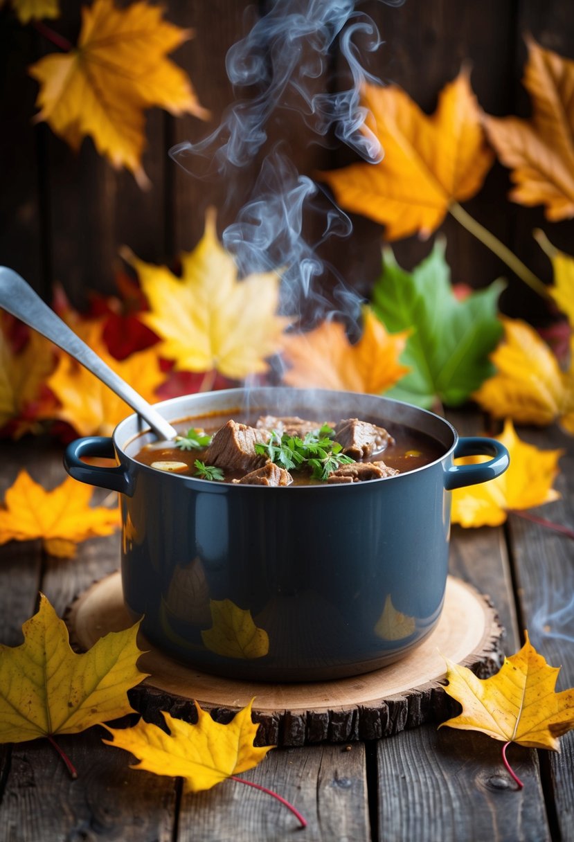 A steaming pot of keto beef stew surrounded by autumn leaves and a rustic wooden table