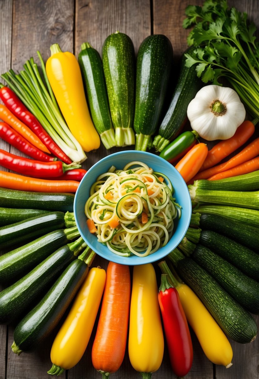 A colorful array of fresh vegetables and spiralized zucchini arranged on a rustic wooden table, with a bowl of vibrant zoodle pasta primavera in the center