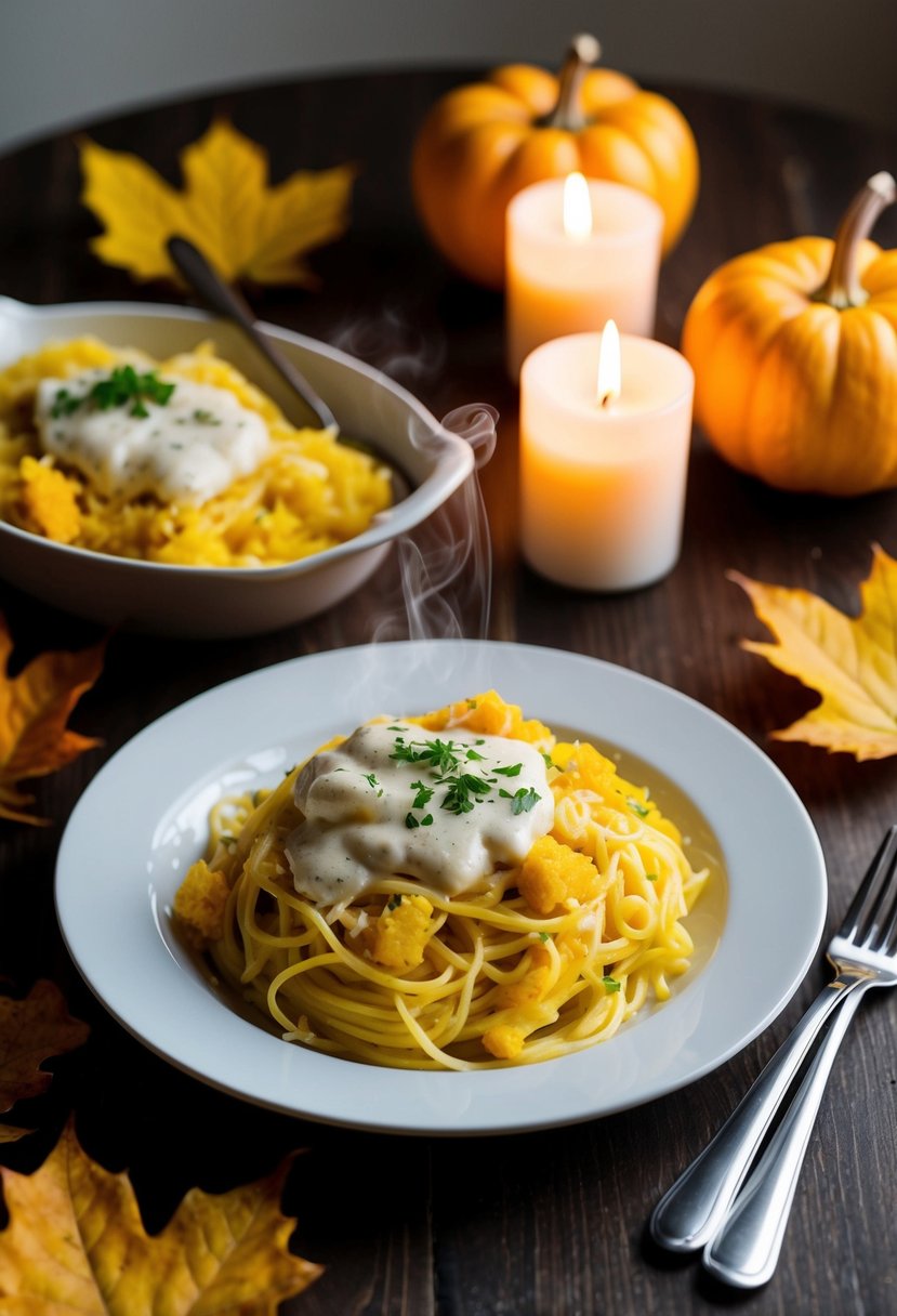 A steaming plate of spaghetti squash alfredo surrounded by autumn leaves and a warm candlelit table