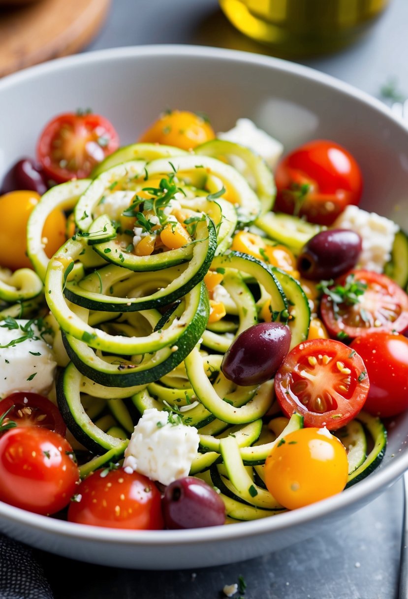 A colorful bowl filled with spiralized zucchini, cherry tomatoes, olives, feta cheese, and drizzled with olive oil and herbs