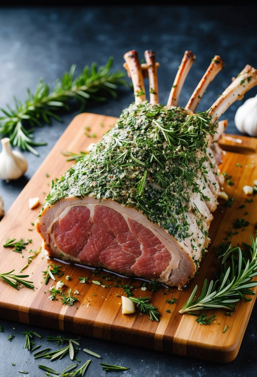 A rack of lamb coated in herbs, resting on a wooden cutting board with rosemary and garlic scattered around