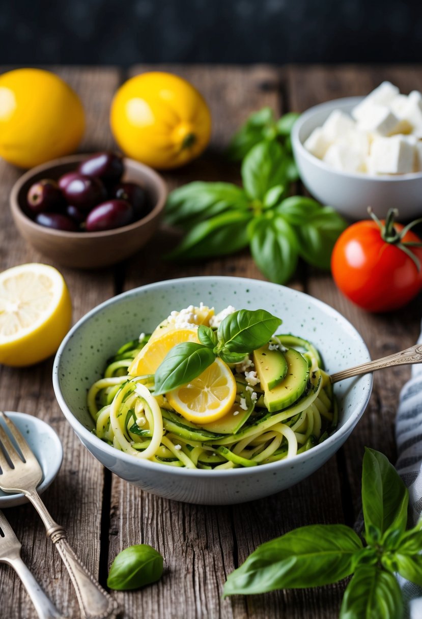 A rustic wooden table with a bowl of vibrant lemon basil avocado zoodles, surrounded by Mediterranean ingredients like tomatoes, olives, and feta cheese