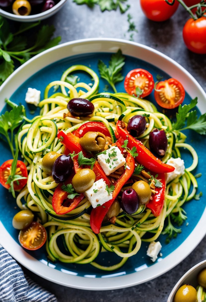 A vibrant plate of zucchini noodles topped with roasted red peppers, olives, and feta, surrounded by fresh herbs and cherry tomatoes