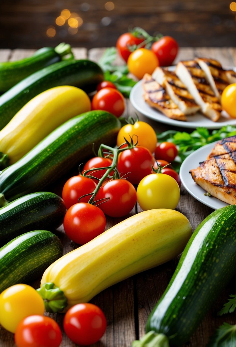 A colorful array of fresh zucchini, cherry tomatoes, olives, and grilled chicken arranged on a rustic wooden table