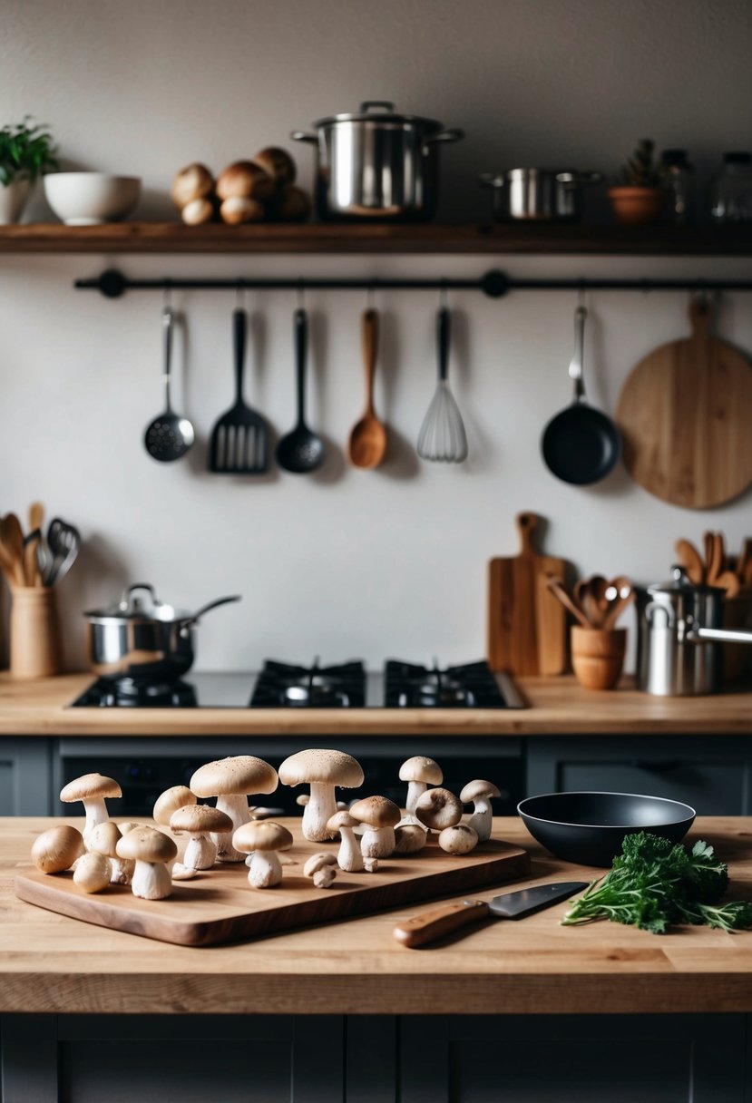 A rustic kitchen counter with assorted fresh mushrooms, a cutting board, and various cooking utensils