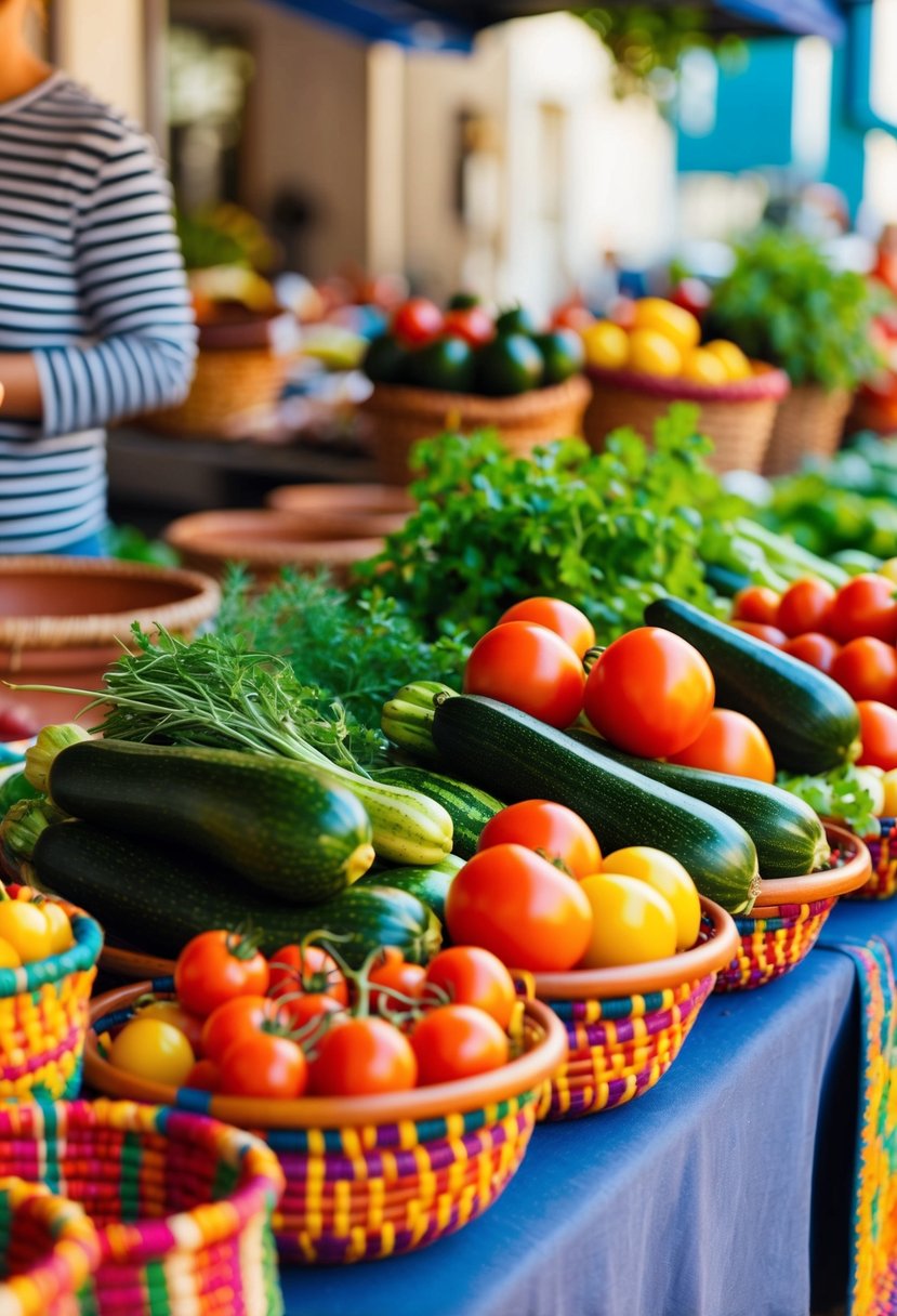 A vibrant mediterranean market stall with fresh zucchinis, tomatoes, and herbs, surrounded by colorful woven baskets and terracotta pots