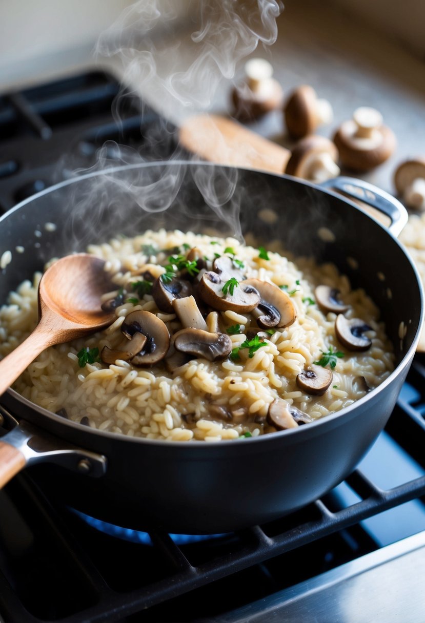 A steaming pot of creamy mushroom risotto bubbling on a stove, with a wooden spoon resting on the edge. Mushrooms and arborio rice scattered nearby