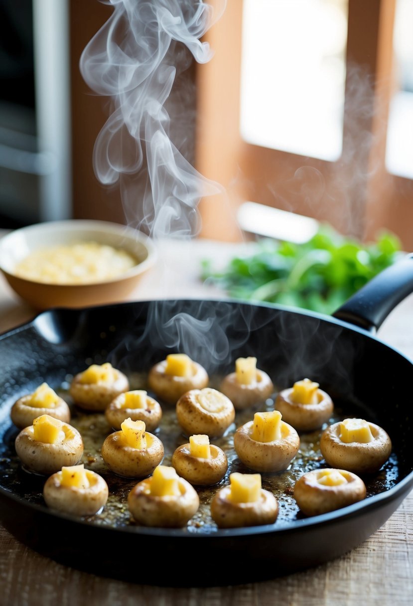 A sizzling skillet of garlic butter mushrooms, with steam rising and golden brown mushrooms glistening in the light