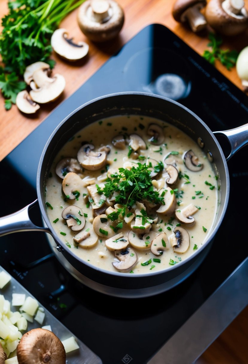 A pot of creamy mushroom stroganoff simmering on a stove, surrounded by freshly chopped mushrooms, onions, and herbs