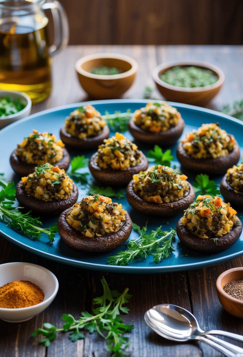 A platter of stuffed Portobello mushrooms surrounded by fresh herbs and spices