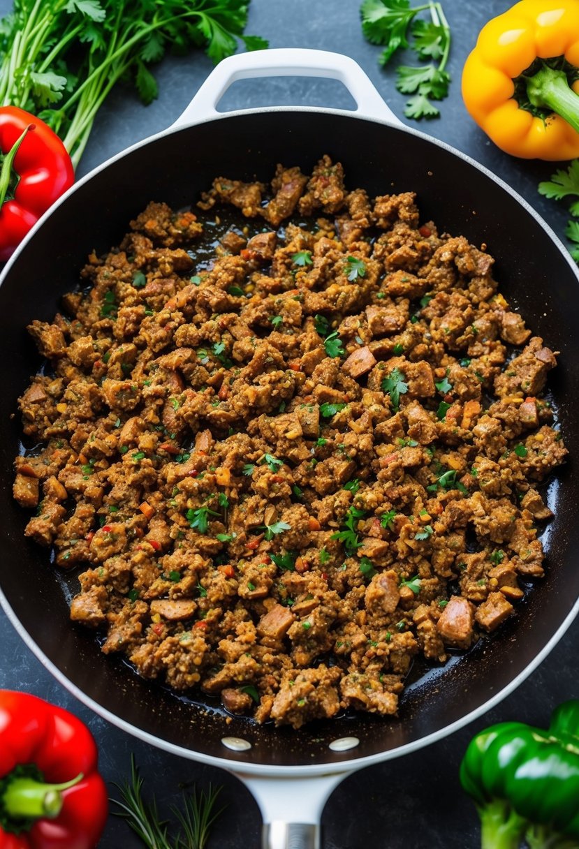 A sizzling skillet with seasoned ground beef surrounded by colorful vegetables and herbs