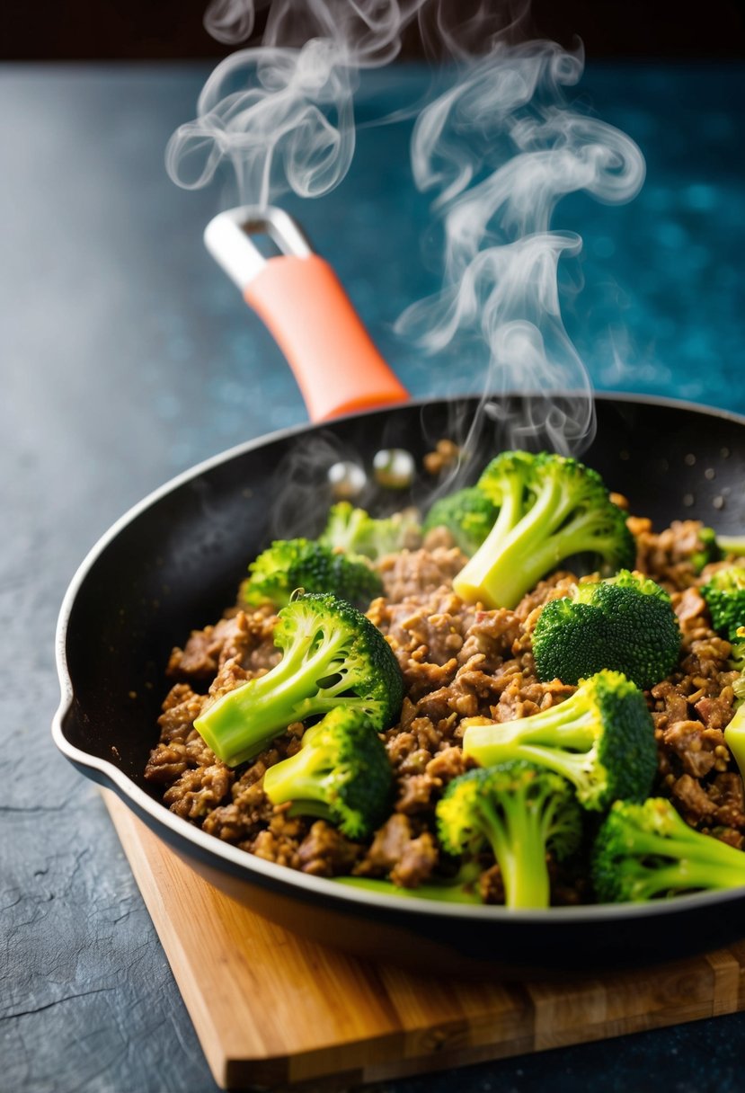 A sizzling skillet with colorful broccoli and ground beef stir-fry, steam rising