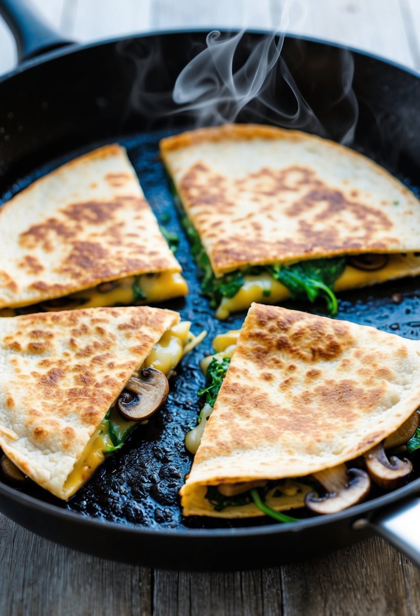 A sizzling skillet with golden-brown mushroom and spinach quesadillas, steam rising from the melted cheese and savory filling