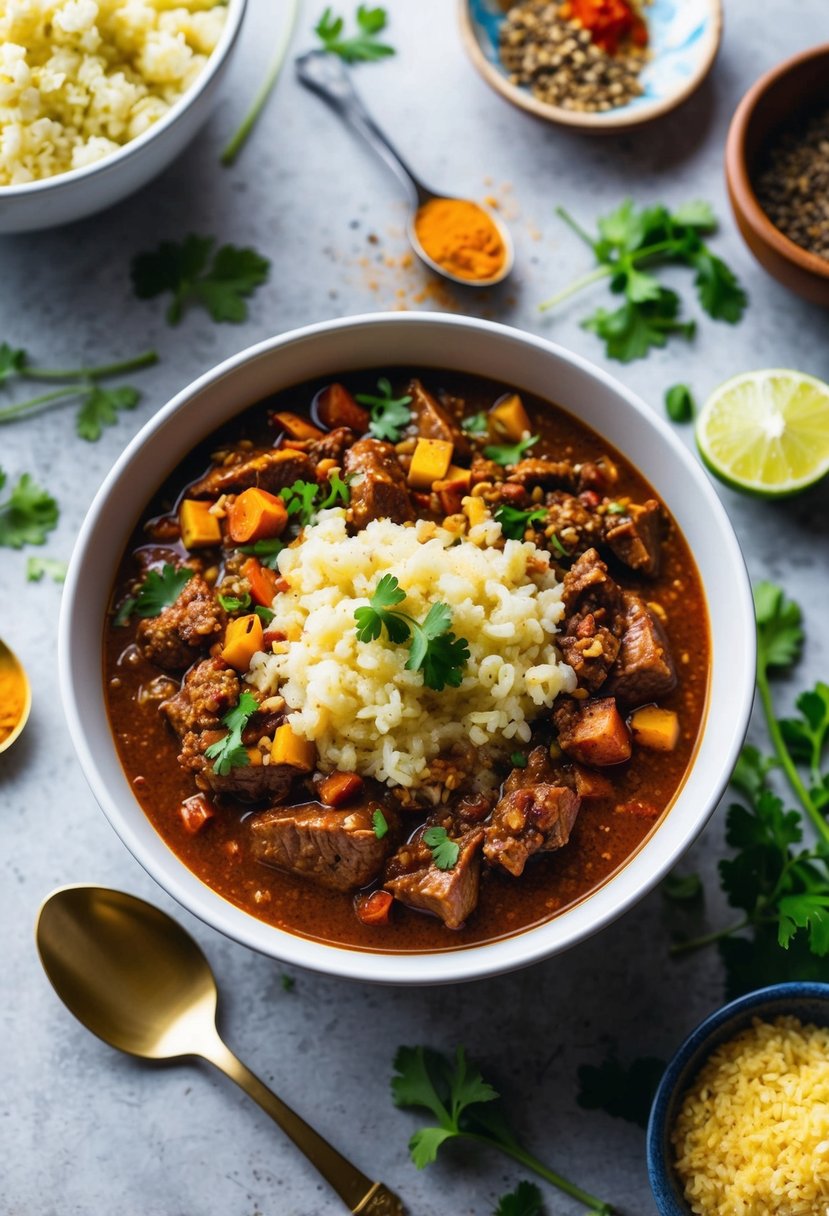 A steaming bowl of lean beef chili with cauliflower rice, surrounded by colorful spices and herbs