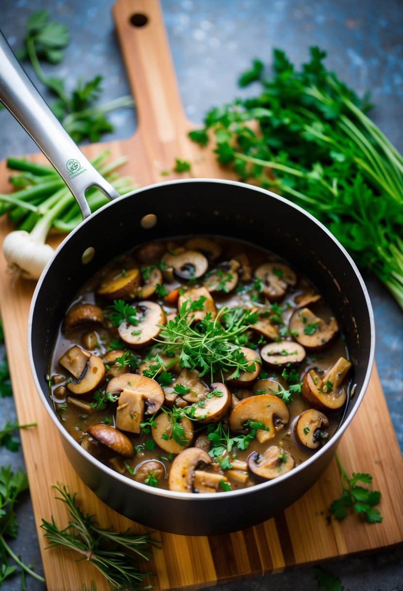 A pot simmering with a rich, fragrant Mushroom Bourguignon, surrounded by fresh herbs and vegetables on a wooden cutting board