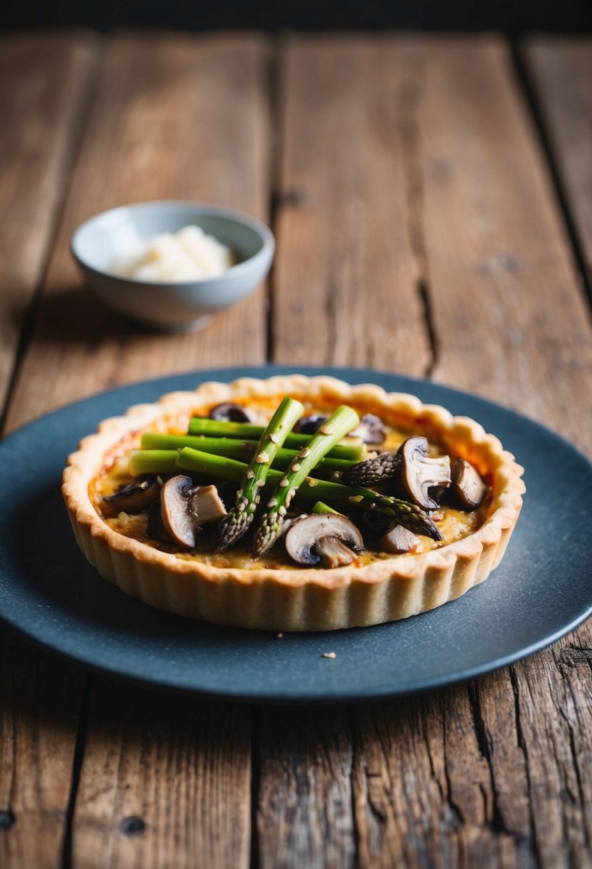 A golden-brown tart filled with mushrooms and asparagus, sitting on a rustic wooden table