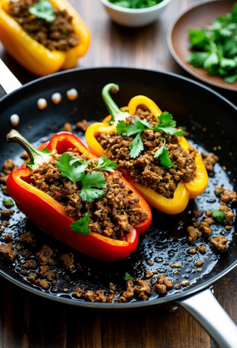 A skillet sizzling with seasoned ground beef, mixed with Optavia-approved ingredients, being stuffed into vibrant bell peppers