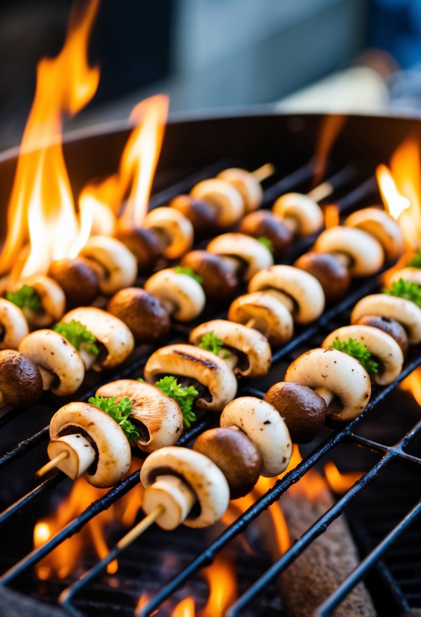 A sizzling grill with skewers of assorted mushrooms cooking over the flames