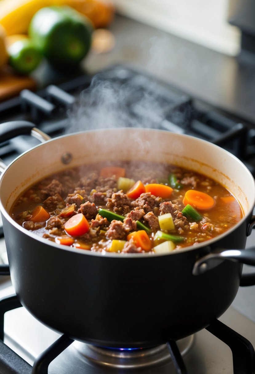 A pot of simmering ground beef and vegetable soup on a stovetop