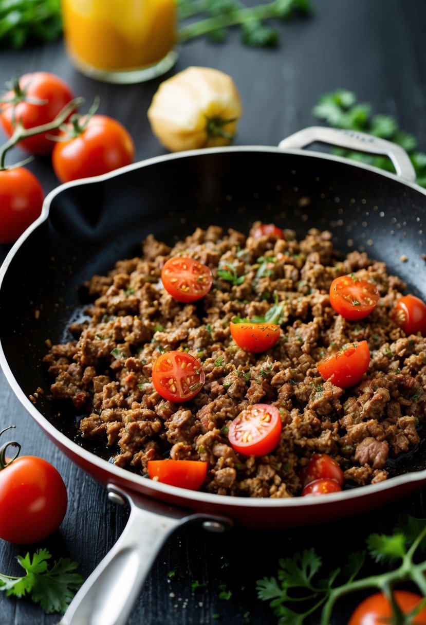 A sizzling skillet with ground beef, tomatoes, and zesty seasoning