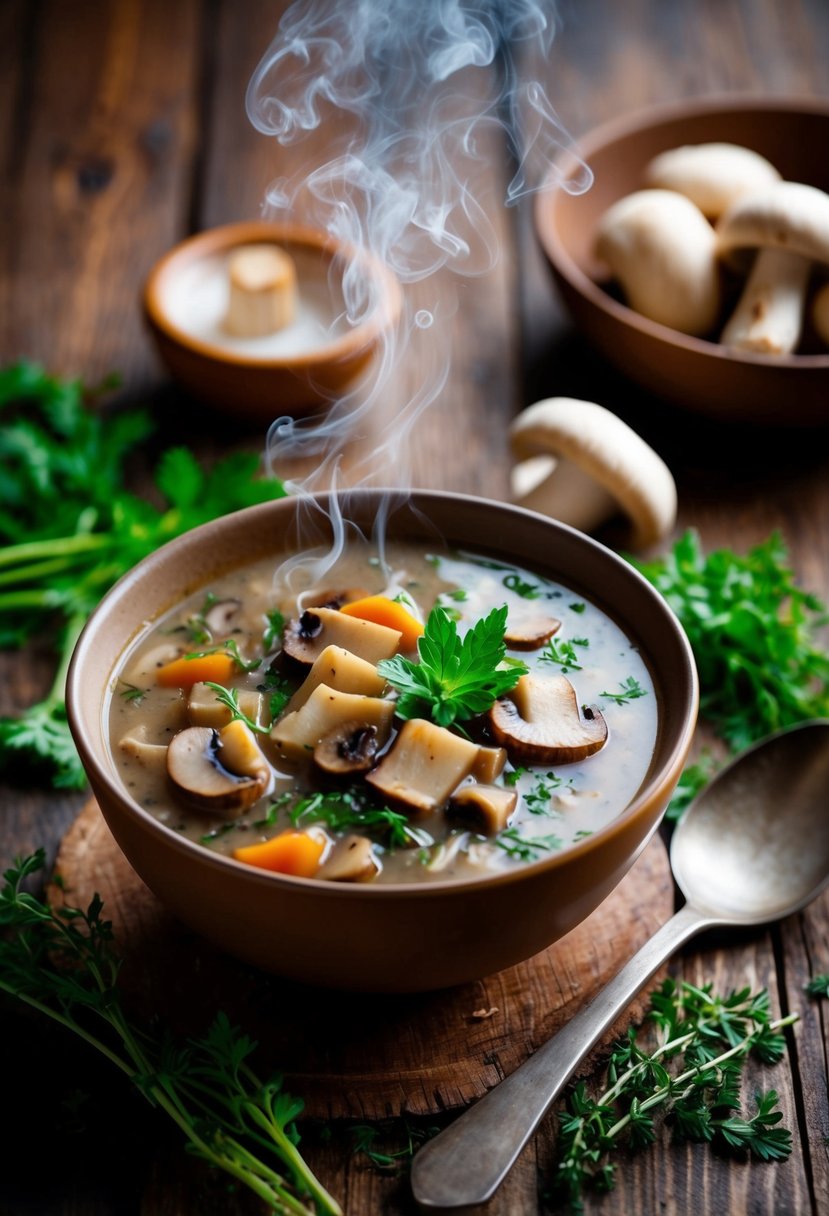 A steaming bowl of wild mushroom soup surrounded by fresh mushrooms, herbs, and a rustic spoon on a wooden table