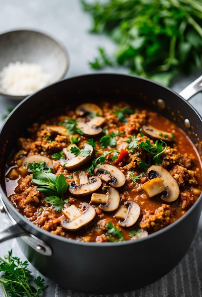 A pot of simmering mushroom Bolognese sauce with fresh herbs