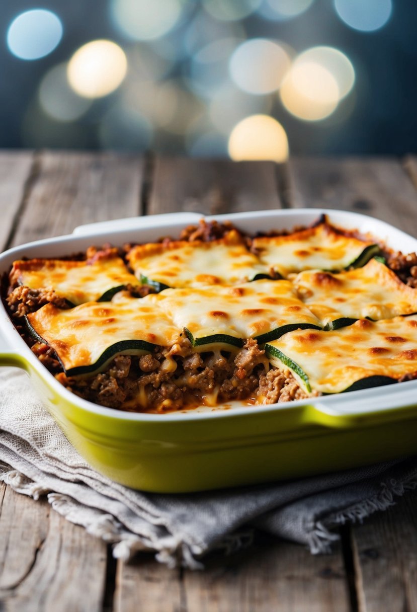 A bubbling lasagna dish with layers of ground beef, zucchini, and melted cheese, sitting on a rustic wooden table