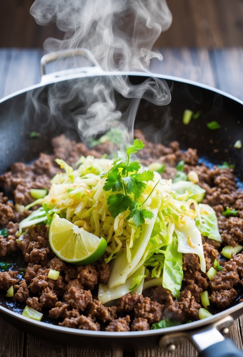 A sizzling skillet with ground beef, garlic, and cabbage, splashed with lime juice, as steam rises from the stir fry