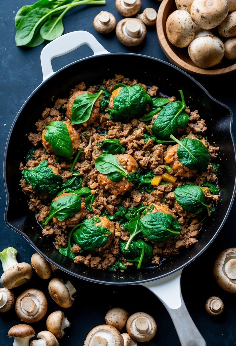 A skillet sizzling with ground beef and spinach, surrounded by a variety of mushrooms ready to be stuffed