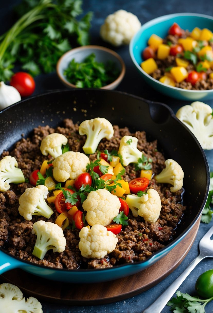 A sizzling skillet of ground beef and cauliflower, surrounded by vibrant Mediterranean ingredients in a bowl