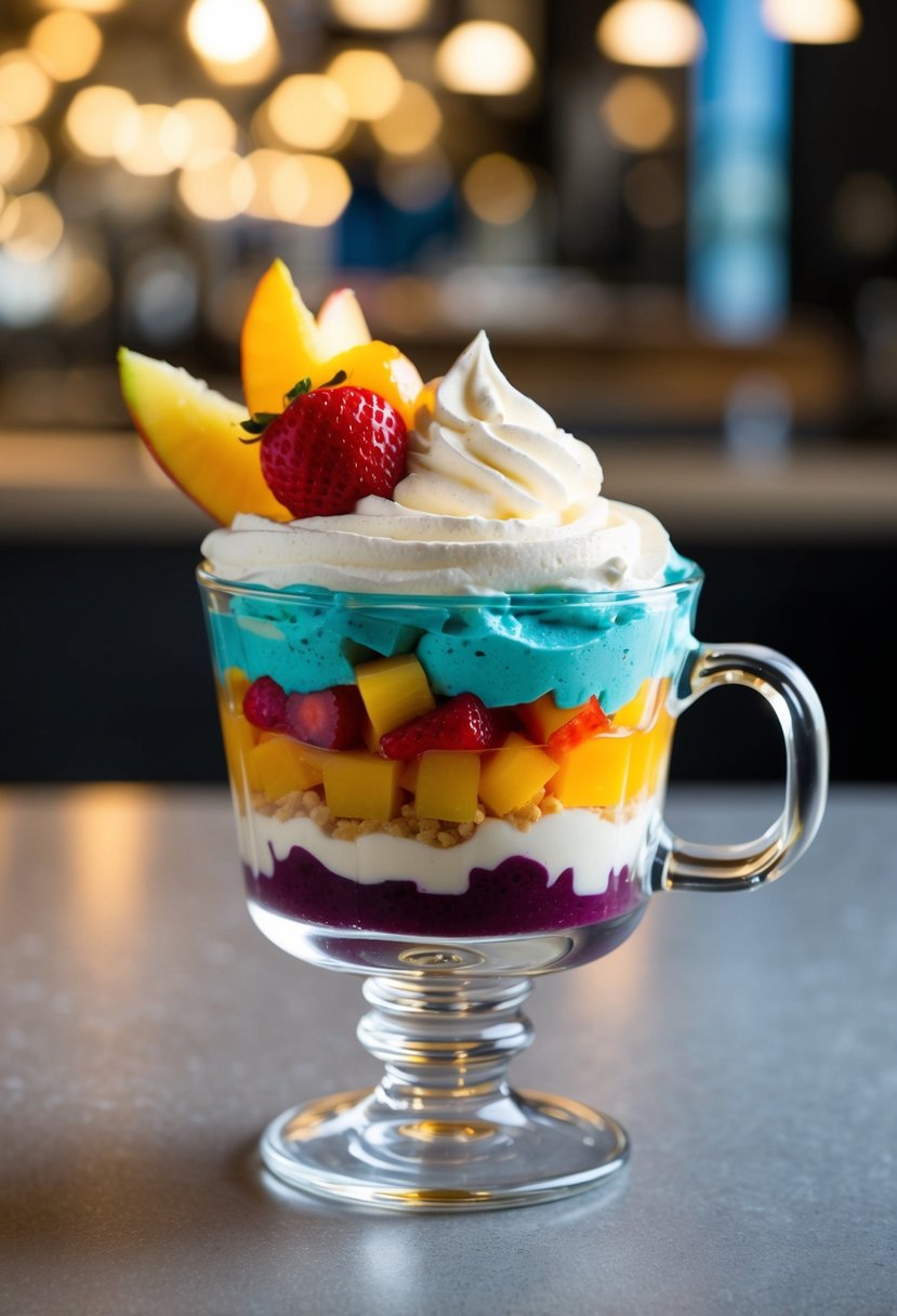 A clear glass cup filled with layers of colorful dessert, topped with whipped cream and garnished with fresh fruit