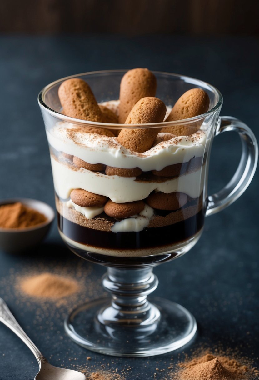 A clear glass cup filled with layers of coffee-soaked ladyfingers, creamy mascarpone cheese, and dusted with cocoa powder