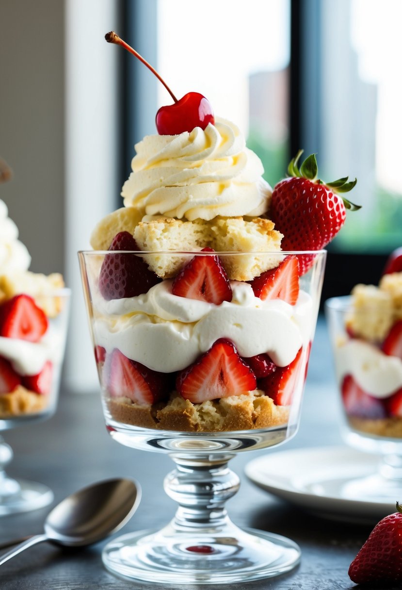 A clear glass cup filled with layers of crumbled shortcake, creamy filling, and fresh strawberries, topped with whipped cream and a cherry