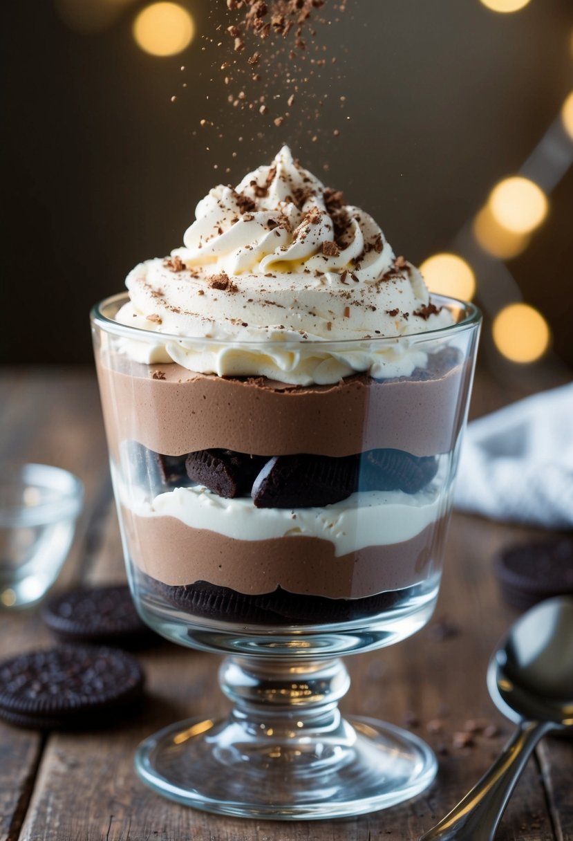 A clear glass cup filled with layers of chocolate mousse, whipped cream, and crumbled cookies, topped with a sprinkle of cocoa powder