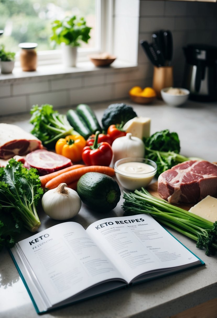 A kitchen counter with various fresh vegetables, meat, and dairy products arranged neatly, alongside a cookbook open to a page of keto recipes