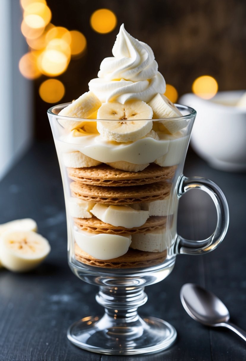 A clear glass cup filled with layers of vanilla wafers, sliced bananas, creamy pudding, and topped with a dollop of whipped cream