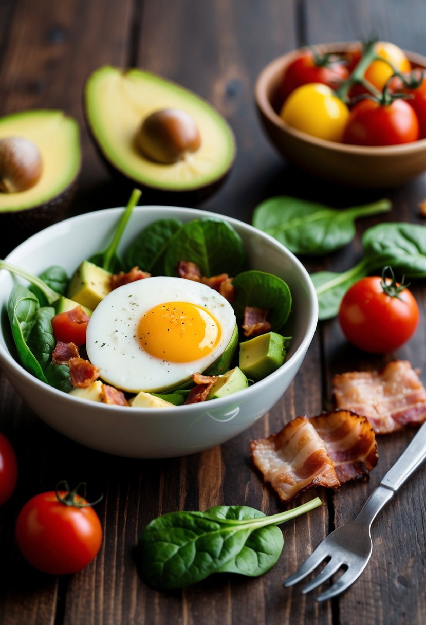 An avocado and egg breakfast bowl sits on a wooden table, surrounded by fresh ingredients like tomatoes, spinach, and bacon