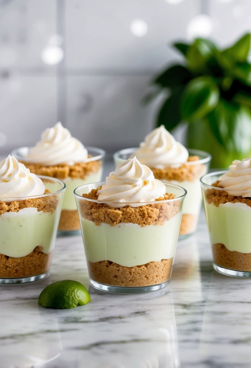 Layers of graham cracker crumbs, creamy key lime filling, and whipped cream in clear cups on a marble countertop