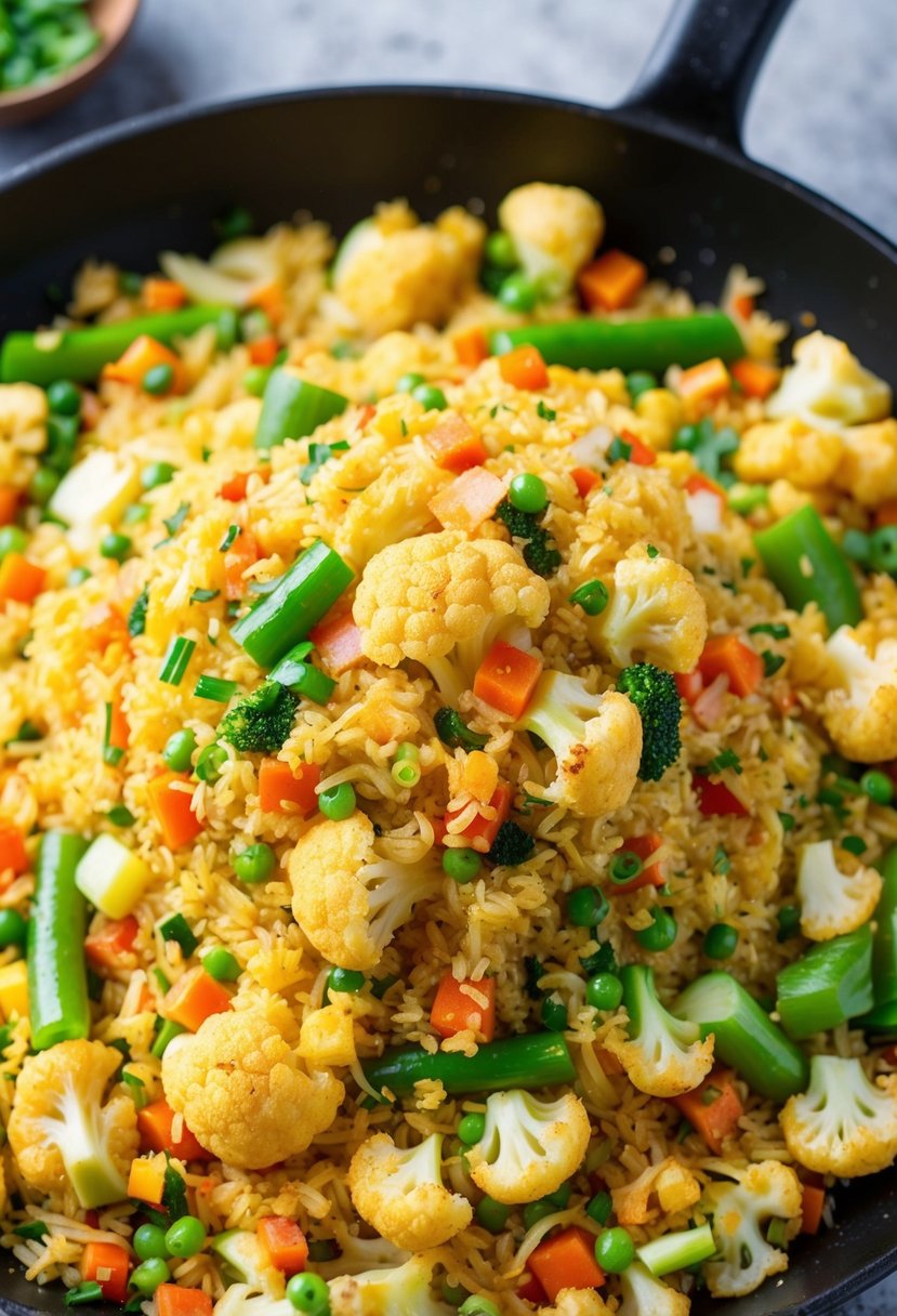 A sizzling skillet of cauliflower fried rice with colorful vegetables and seasonings