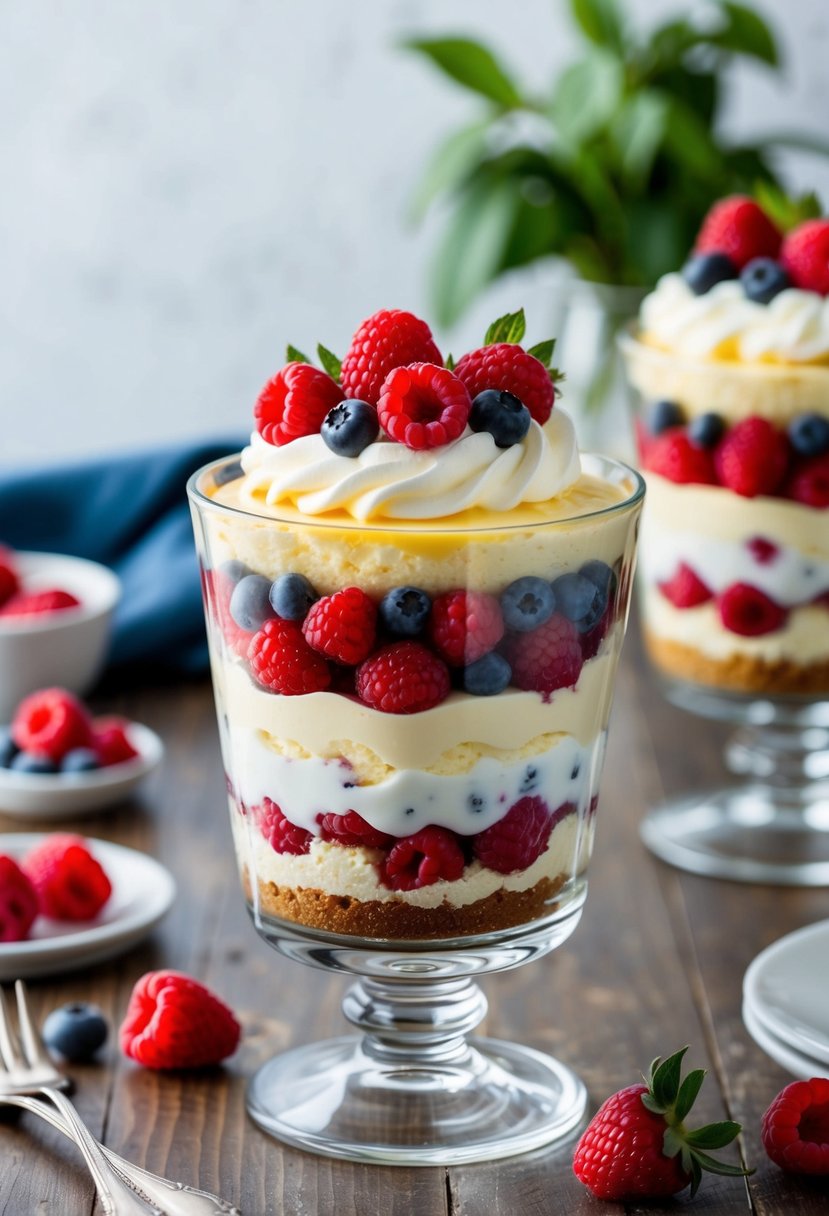 A clear glass cup filled with layers of raspberry, cheesecake, and trifle, topped with whipped cream and fresh berries