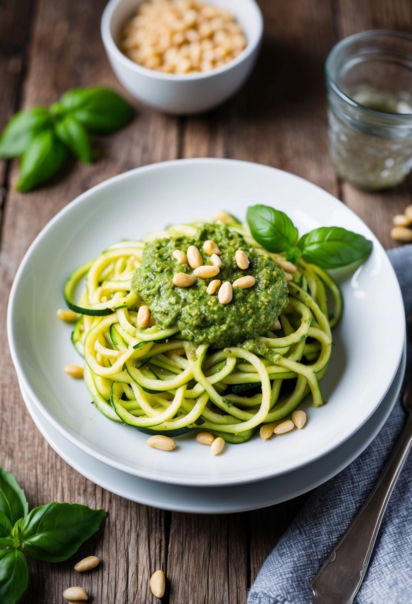 A plate of zucchini noodles topped with pesto sauce, garnished with pine nuts and fresh basil, sitting on a rustic wooden table