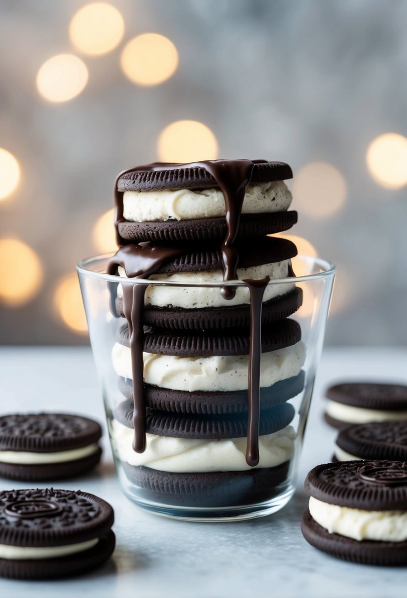 Layers of crushed Oreo cookies, creamy filling, and chocolate drizzle in a clear cup