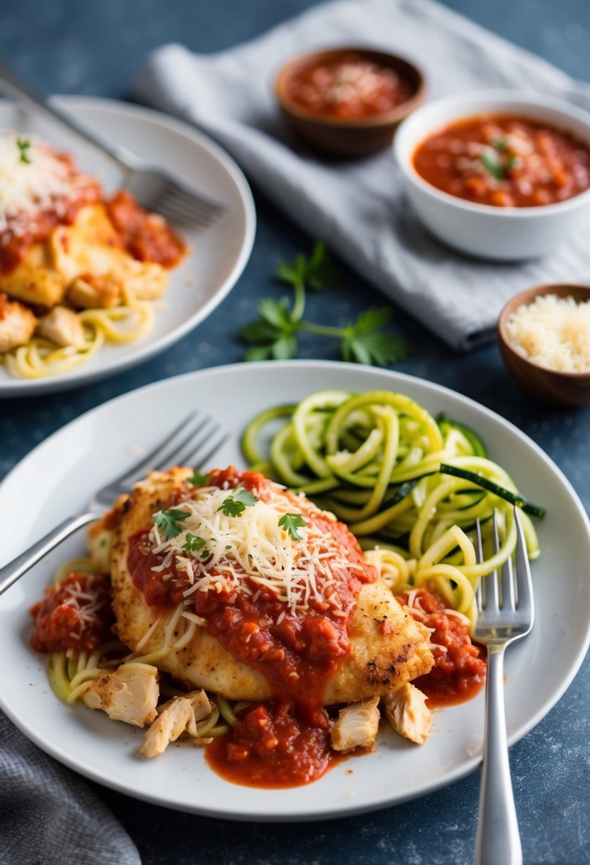 A plate of Keto Chicken Parmesan with a side of zucchini noodles and marinara sauce