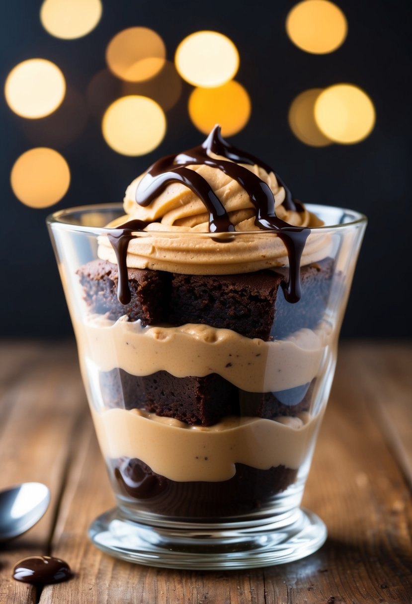 A clear glass cup filled with layers of rich, chocolate brownie chunks, creamy peanut butter mousse, and topped with a drizzle of chocolate syrup