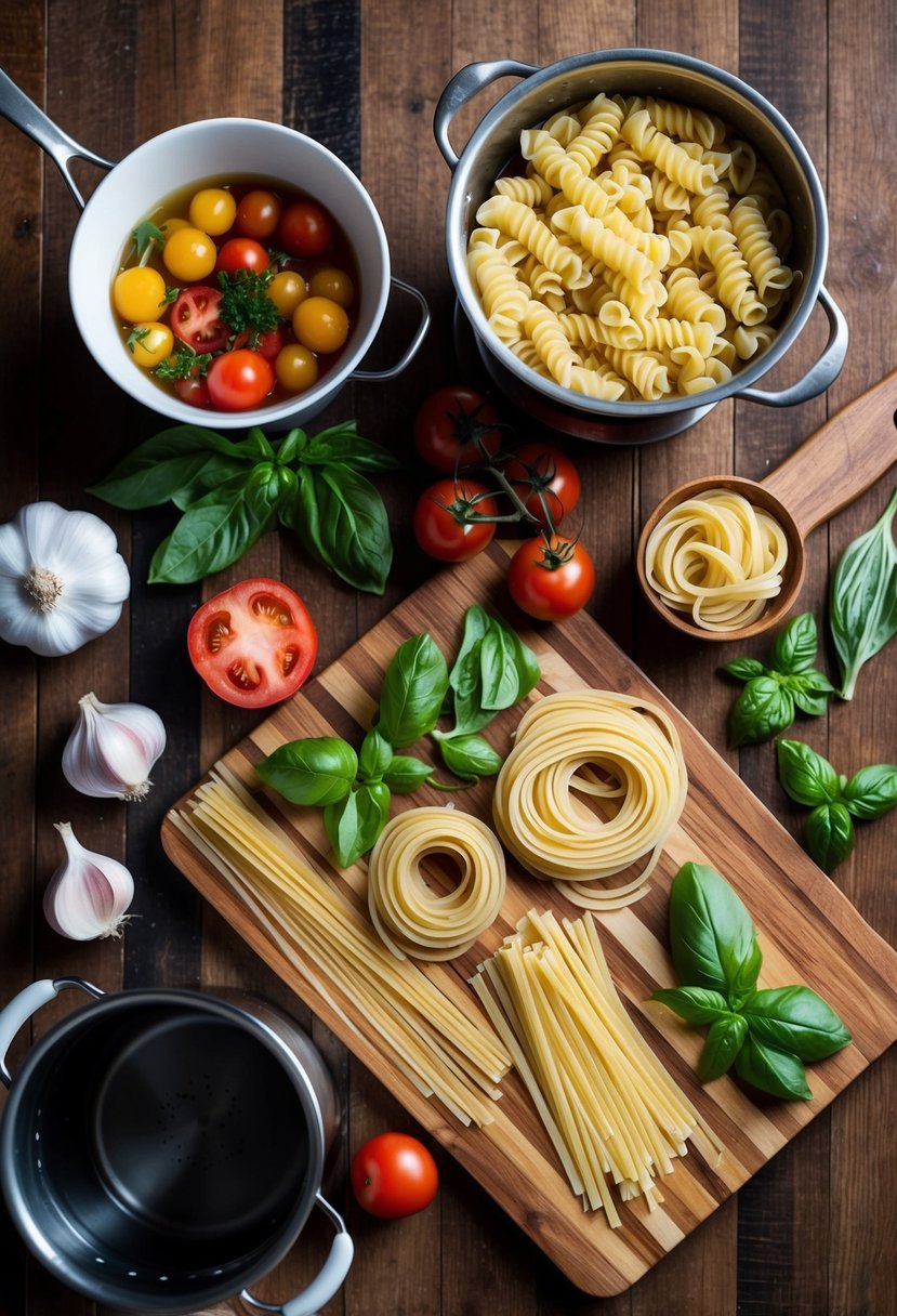 A wooden table with various types of pasta noodles, surrounded by fresh ingredients like tomatoes, basil, and garlic. A pot of boiling water and a colander sit nearby