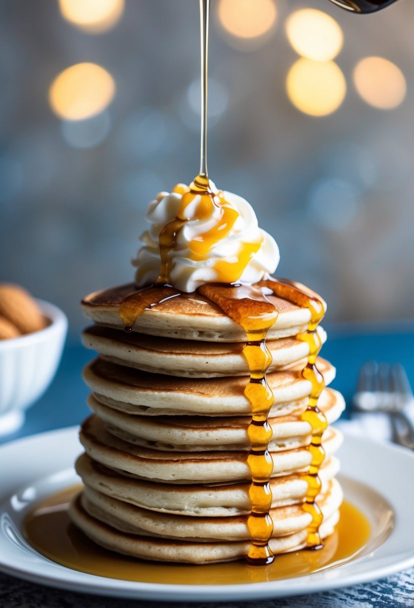 A stack of almond flour pancakes with a dollop of whipped cream and a drizzle of sugar-free syrup on a plate