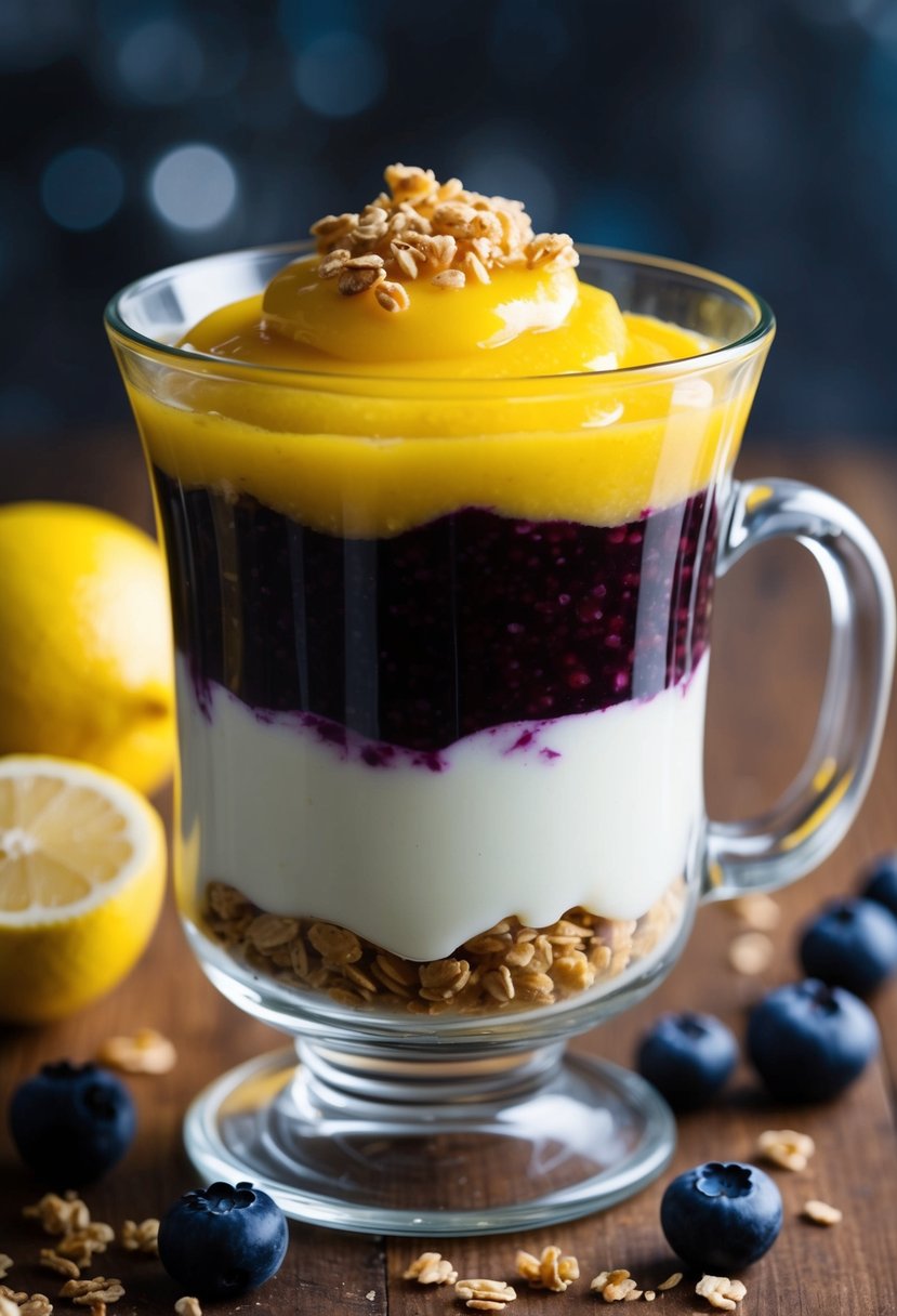 A clear glass cup filled with layers of yellow lemon curd, creamy yogurt, and vibrant blueberry compote, topped with a sprinkle of granola