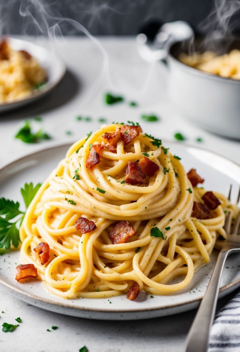 A steaming plate of Spaghetti Carbonara with creamy sauce and crispy bacon bits, garnished with fresh parsley